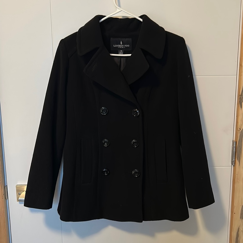 London Fog Black Wool Blend Double Breasted Winter Pea Coat Size PS